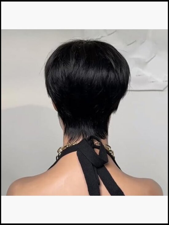 Short Pixie Cut Wig Human Hair Natural Black Straight Layered Waves Glueless
